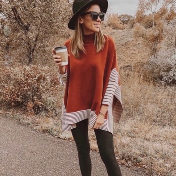 Burnt Orange Mock Neck Striped Poncho - Picture 2 of 3